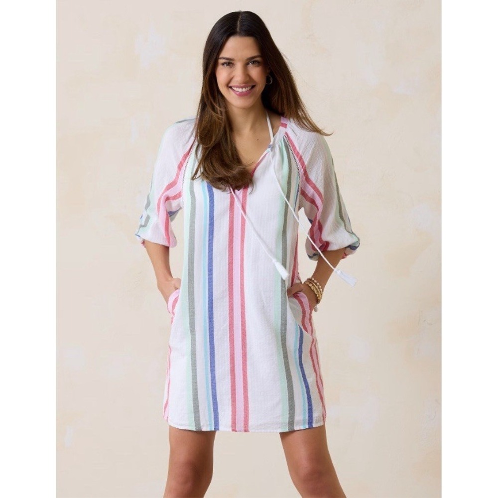 Tommy Bahama Multi Stripe Dobby Tunic Shirt/Swim Cover-Up Notched split neck S/P